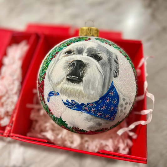 Custom pet portrait ornament - finished Maltese dog portrait in gift box