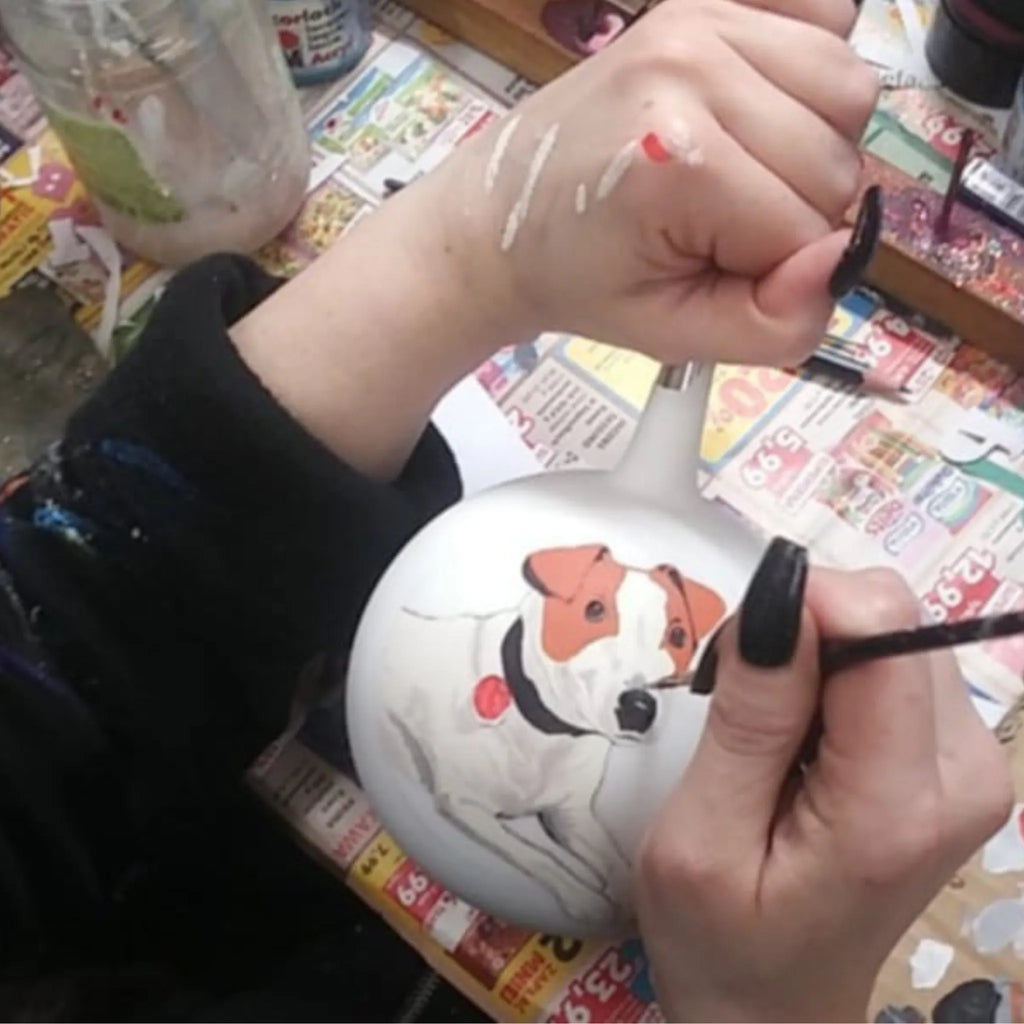 Hand-Painted Dog Portrait Glass Ornament – Custom Pet Christmas Bauble
