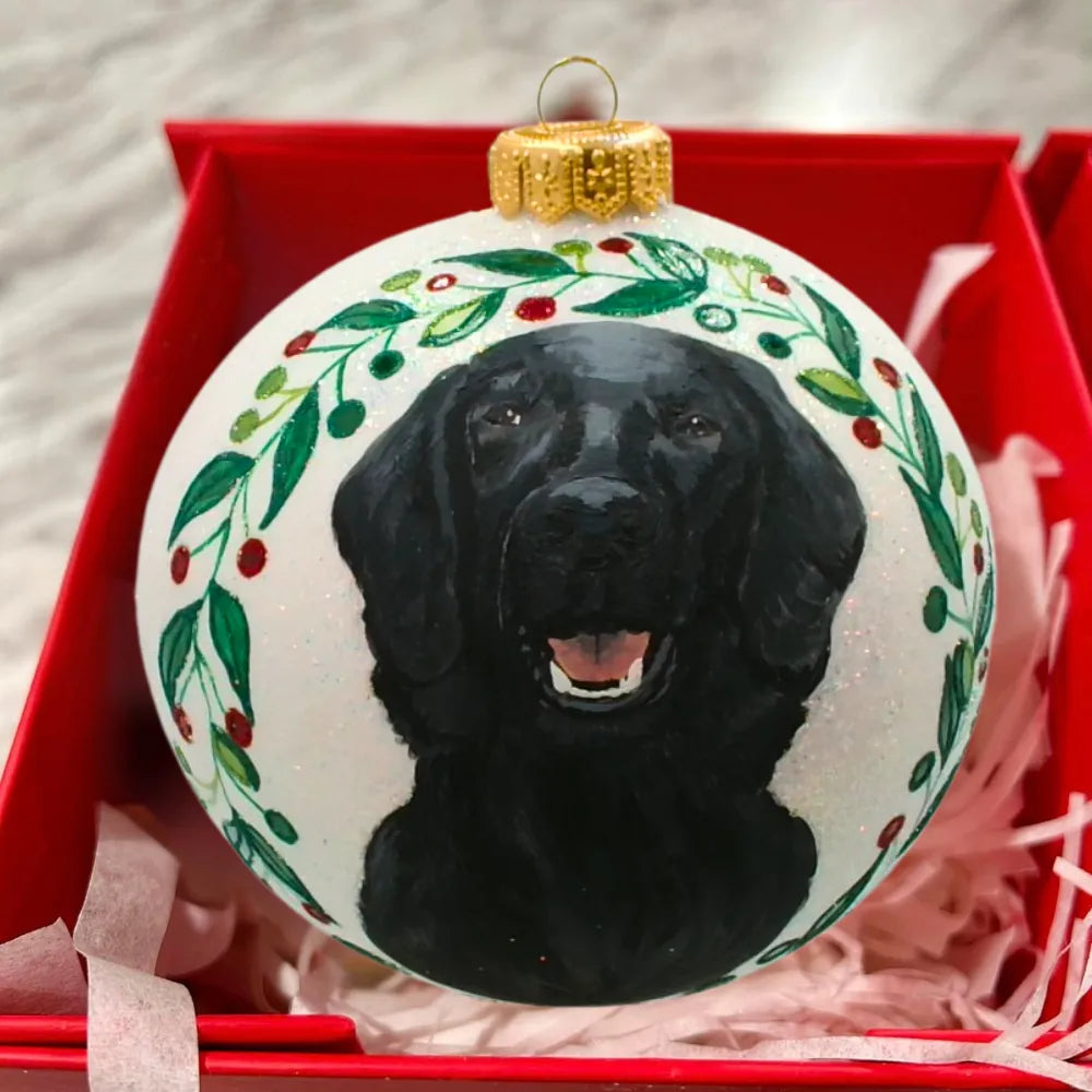 Black Dog Portrait Glass Ornament – Hand-Painted & Personalized