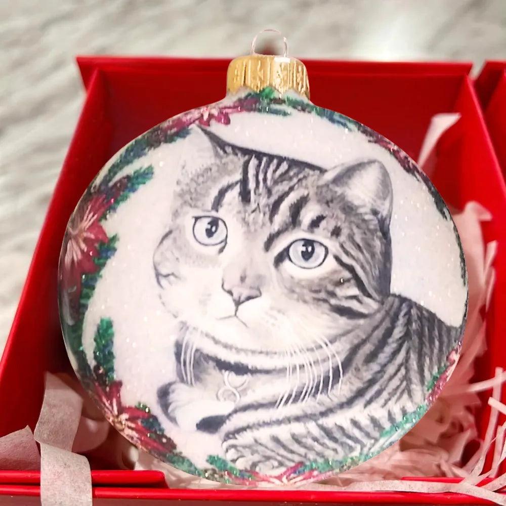 Cat Portrait Glass Ornament Hand-Painted & Personalized