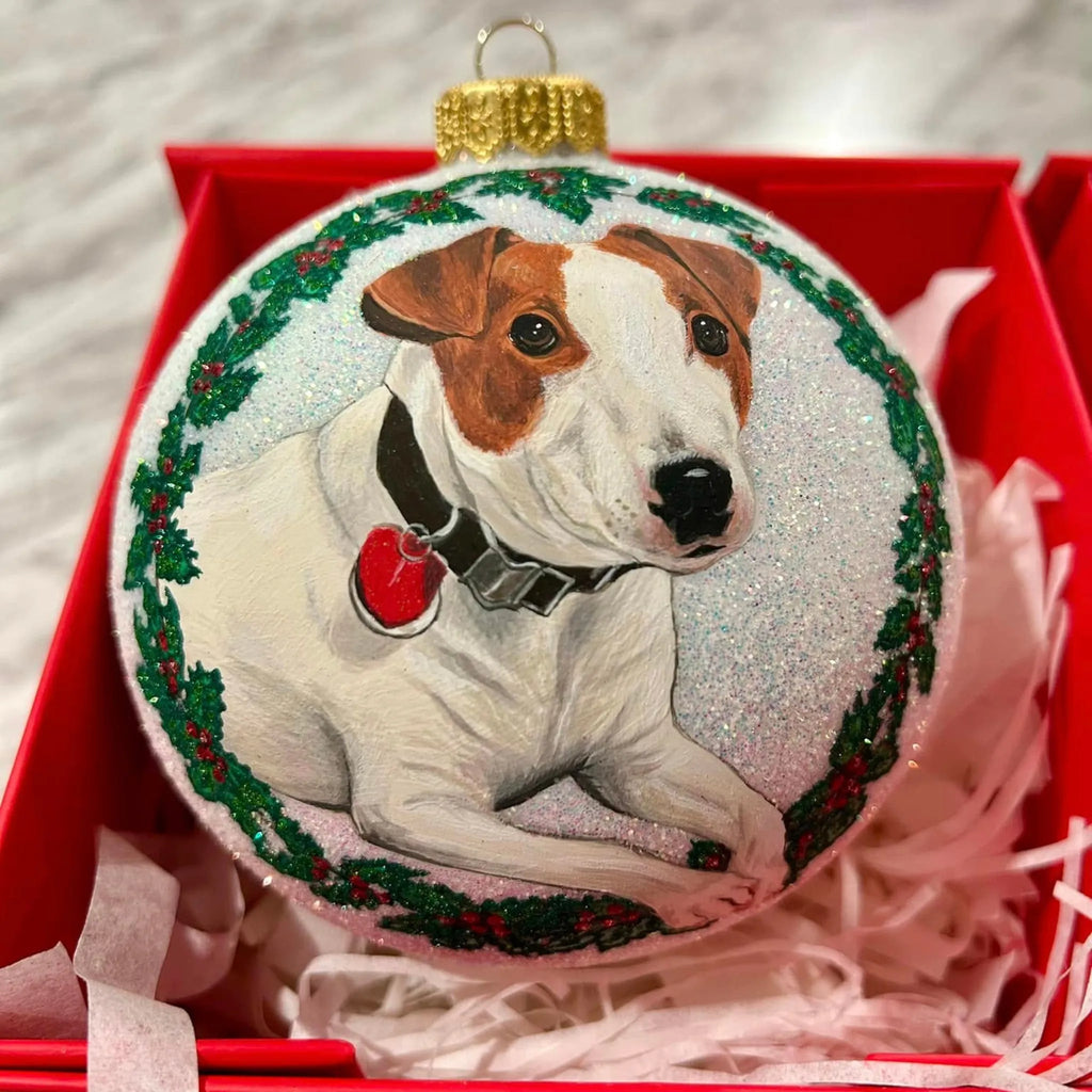 Hand-Painted Dog Portrait Glass Ornament – Custom Pet Christmas Bauble