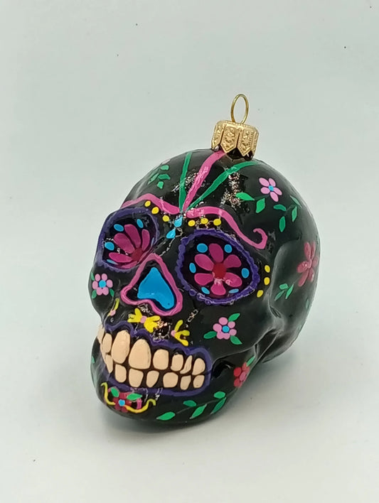 Hand-Painted Glass Skull Christmas Ornament